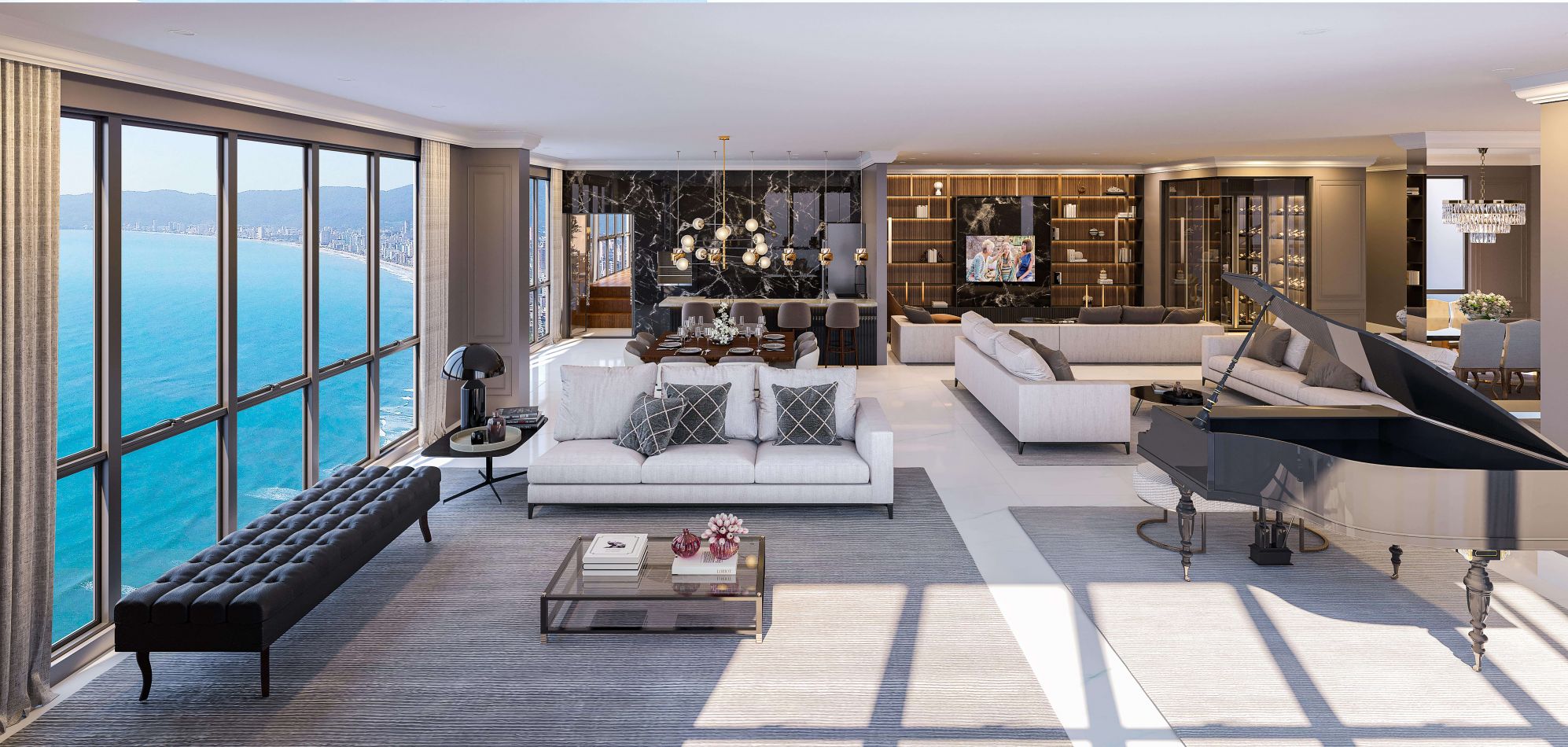 Sala de estar de uma Penthouse do La Rocca, com paredes de vidro e vista panorâmica do mar